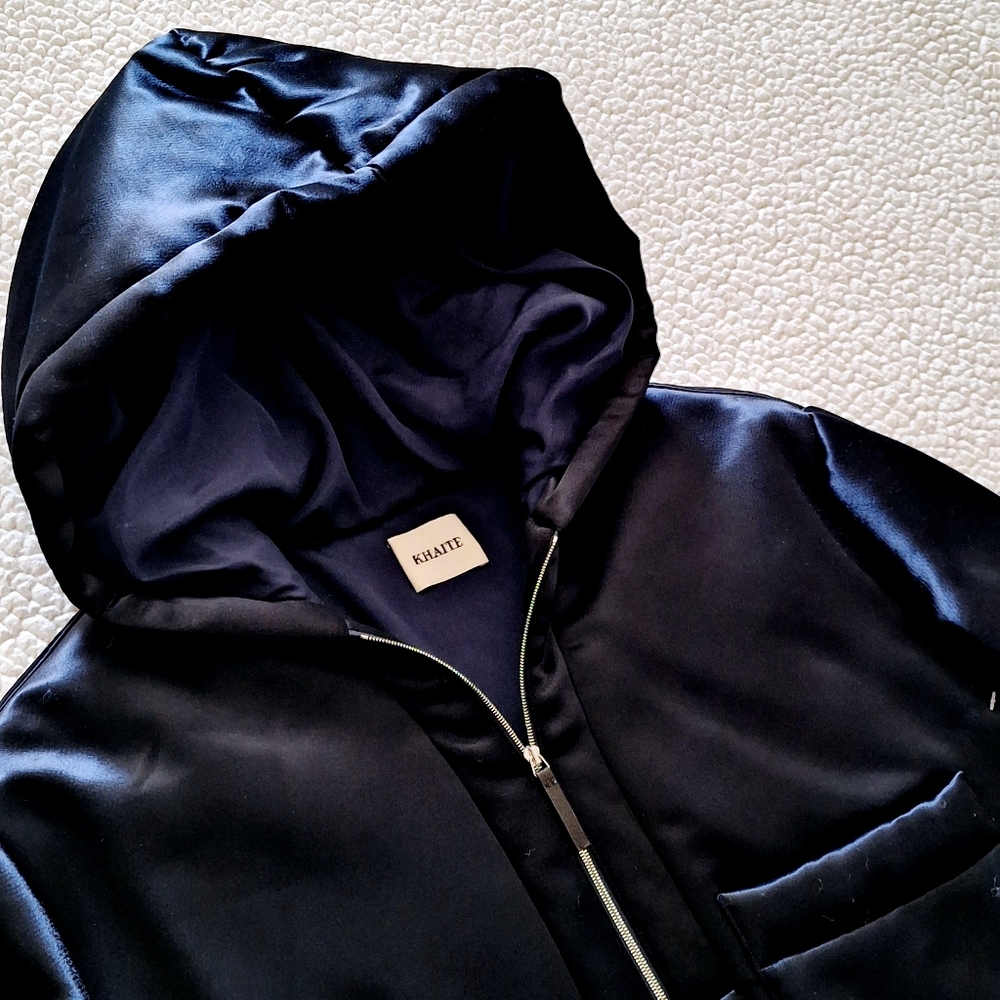 NWOT KHAITE Henry Satin Pullover Hooded Jacket in navy size M Org $1,700 - Picture 10 of 12